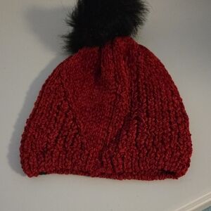 Isotoner Red Knit Hat with Black Pom